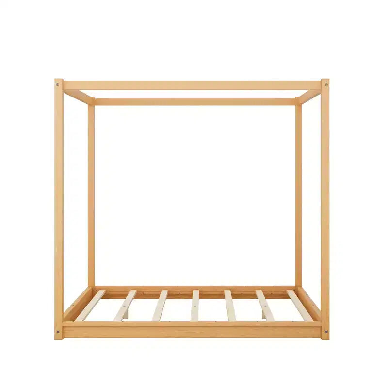 Letto a Baldacchino in Legno 4 Poster Beds con Pannelli, Struttura Letto Bassa con Doghe in Legno Massello