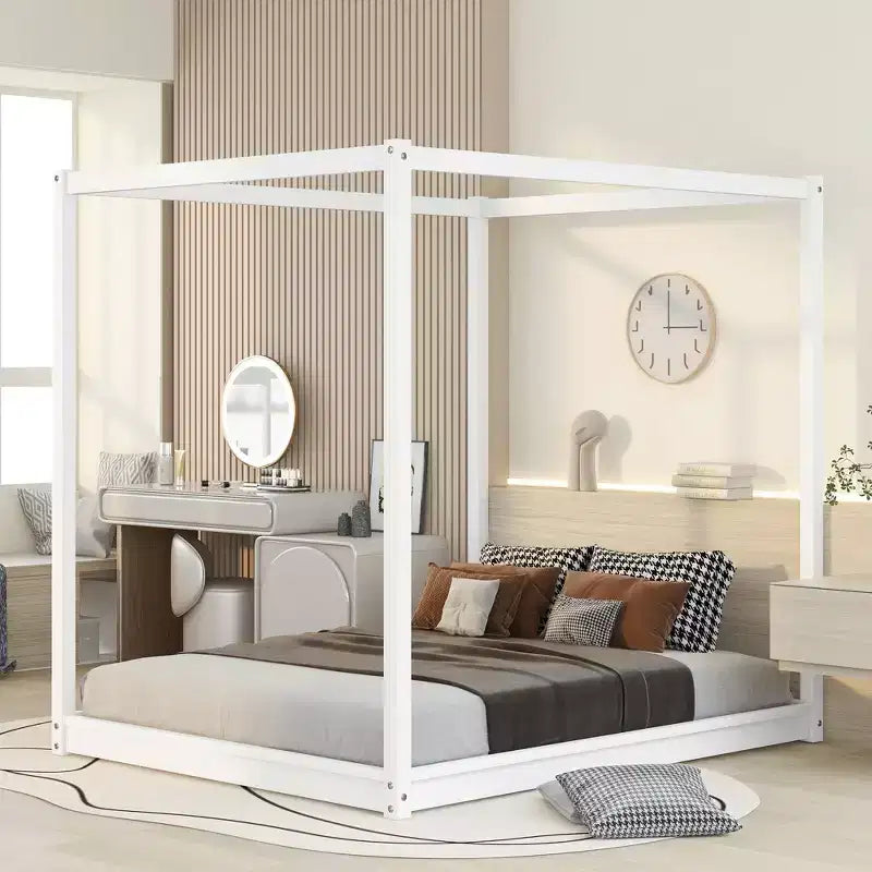 Letto a Baldacchino in Legno 4 Poster Beds con Pannelli, Struttura Letto Bassa con Doghe in Legno Massello