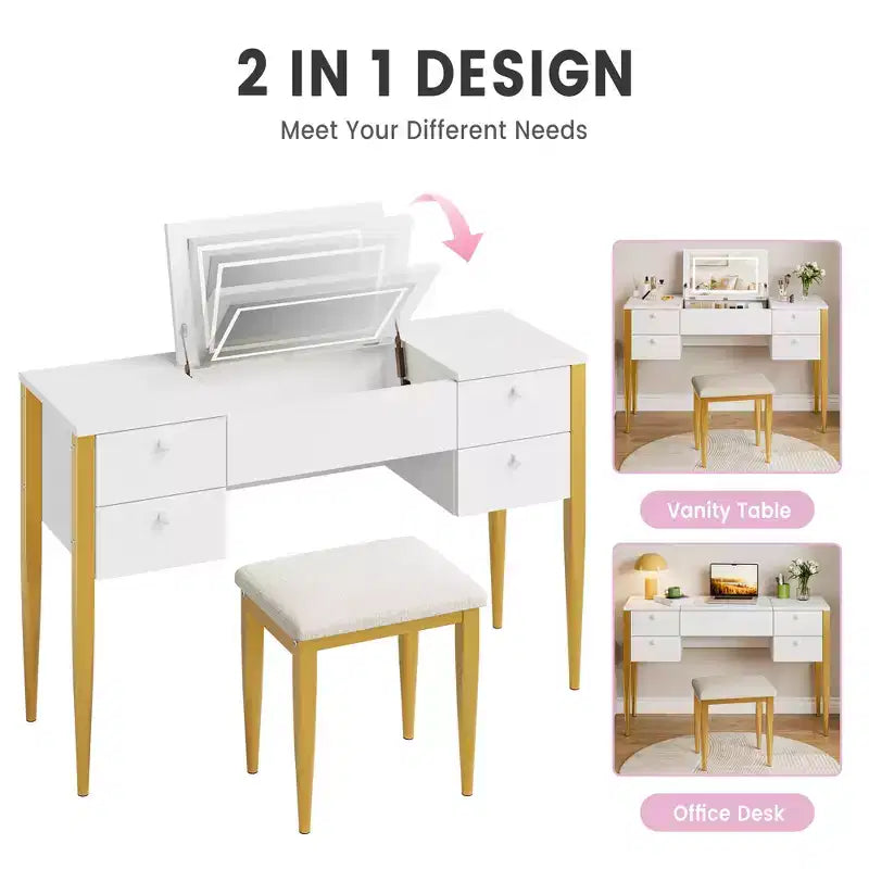 COZONY Piccola toeletta con specchio LED, Set tavolo da trucco con piano ribaltabile e cassetti per camera da letto