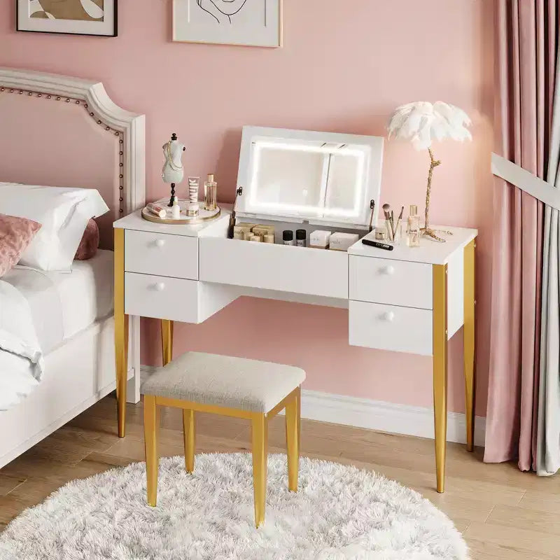 COZONY Piccola toeletta con specchio LED, Set tavolo da trucco con piano ribaltabile e cassetti per camera da letto