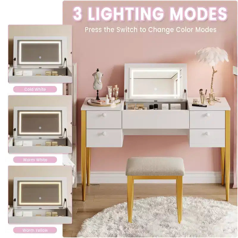 COZONY Piccola toeletta con specchio LED, Set tavolo da trucco con piano ribaltabile e cassetti per camera da letto