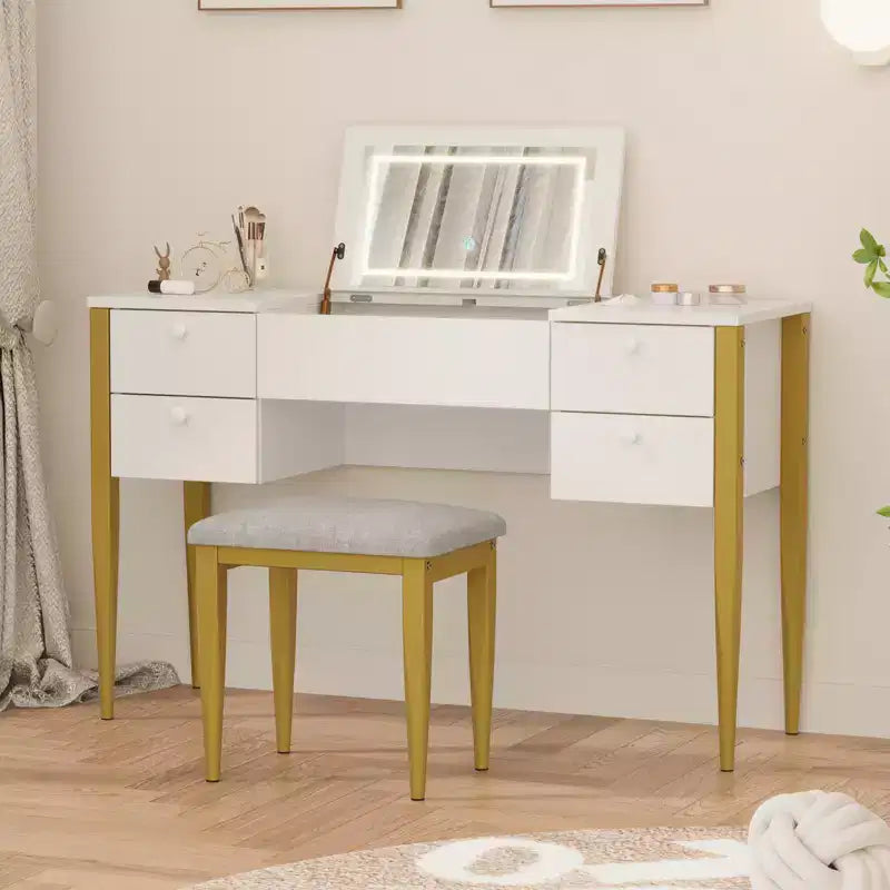 COZONY Piccola toeletta con specchio LED, Set tavolo da trucco con piano ribaltabile e cassetti per camera da letto