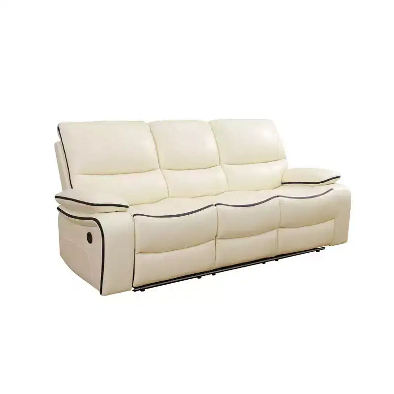 Divano reclinabile elettrico MAYEERTY, divano reclinabile in pelle a 3 posti con ricarica USB, tavolino reversibile e illuminazione a LED per soggiorno, bianco sporco