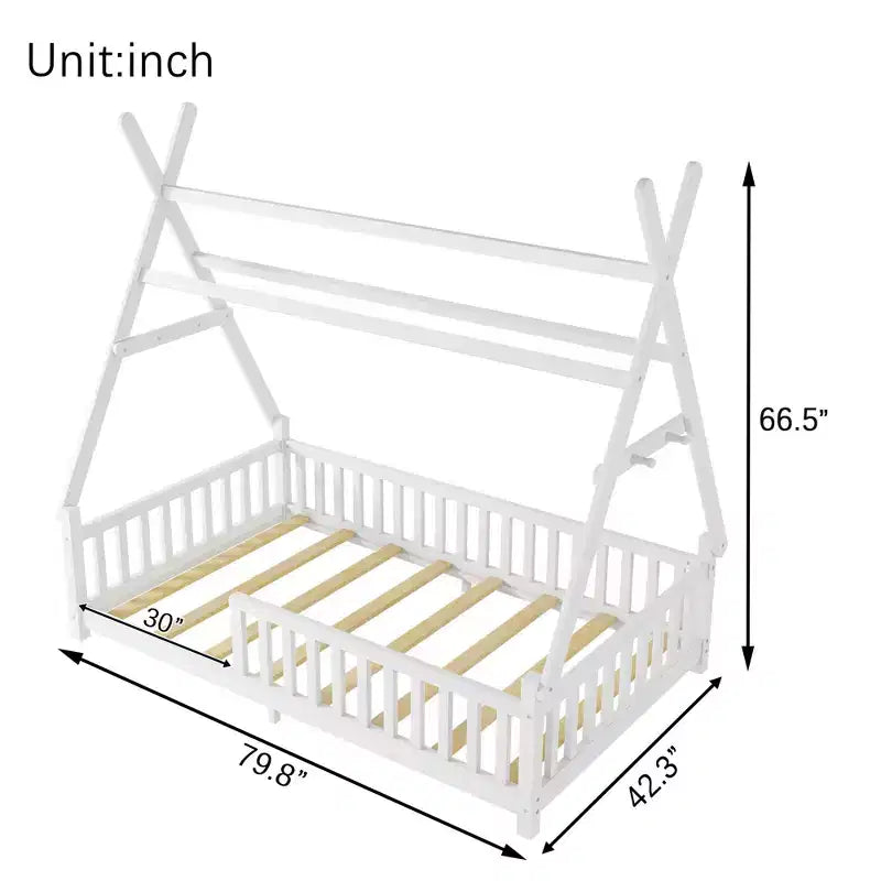 Okak Letto a capanna a pavimento, dimensioni singolo/matrimoniale, con recinzione e luci decorative, letto moderno per studenti per camera da letto, camera dei bambini, sale giochi