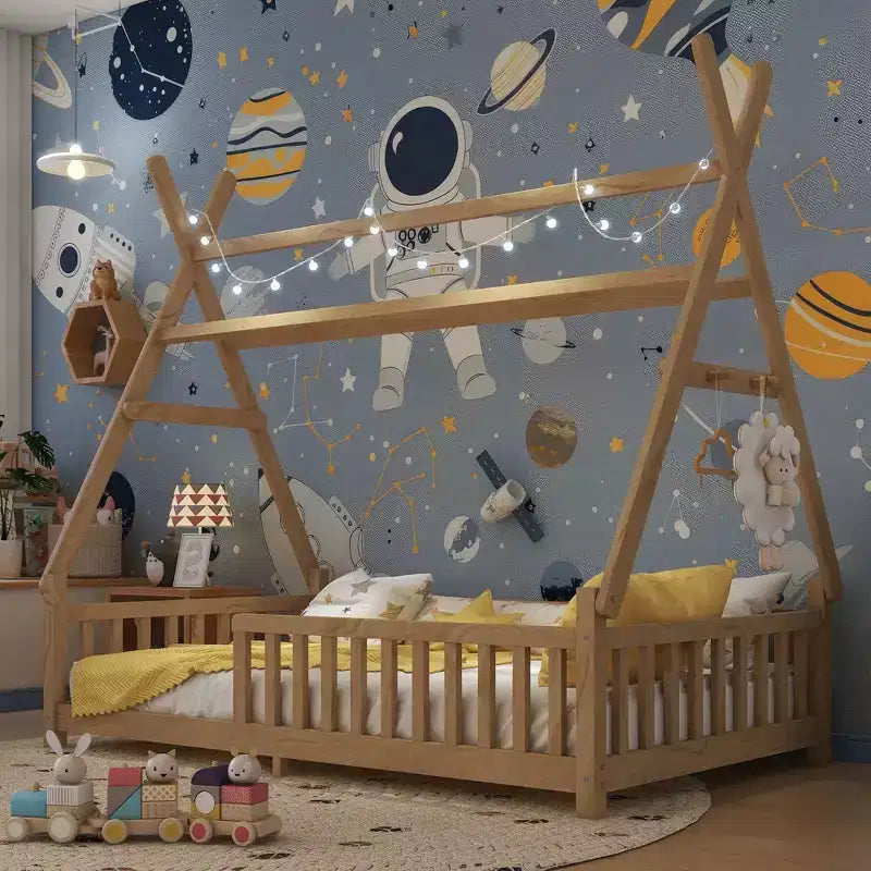 Okak Letto a capanna a pavimento, dimensioni singolo/matrimoniale, con recinzione e luci decorative, letto moderno per studenti per camera da letto, camera dei bambini, sale giochi