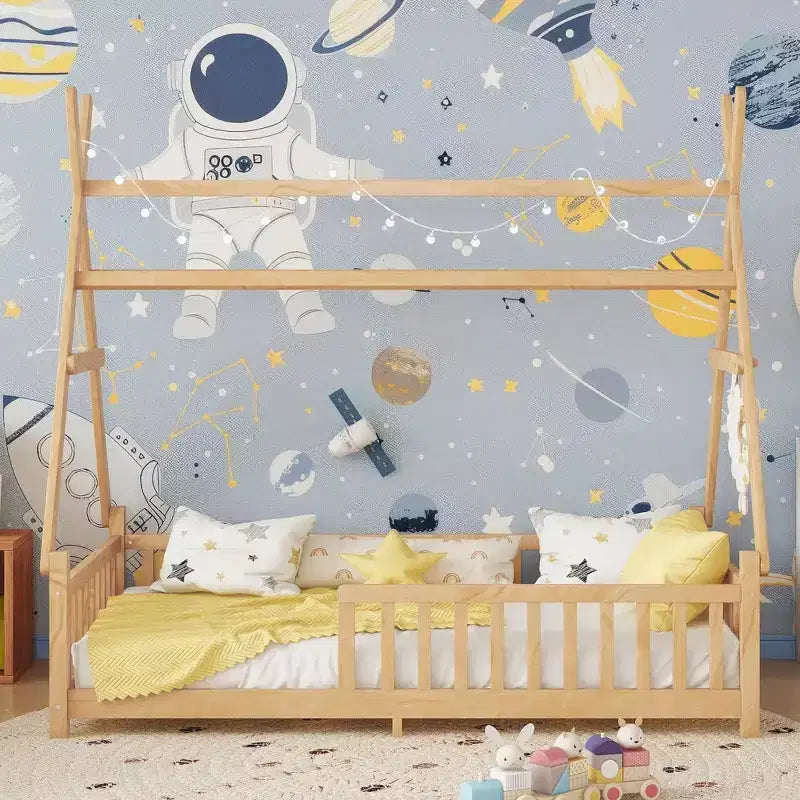 Okak Letto a capanna a pavimento, dimensioni singolo/matrimoniale, con recinzione e luci decorative, letto moderno per studenti per camera da letto, camera dei bambini, sale giochi