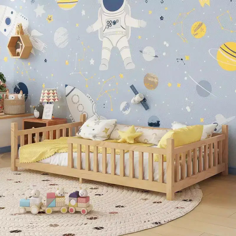 Okak Letto a capanna a pavimento, dimensioni singolo/matrimoniale, con recinzione e luci decorative, letto moderno per studenti per camera da letto, camera dei bambini, sale giochi