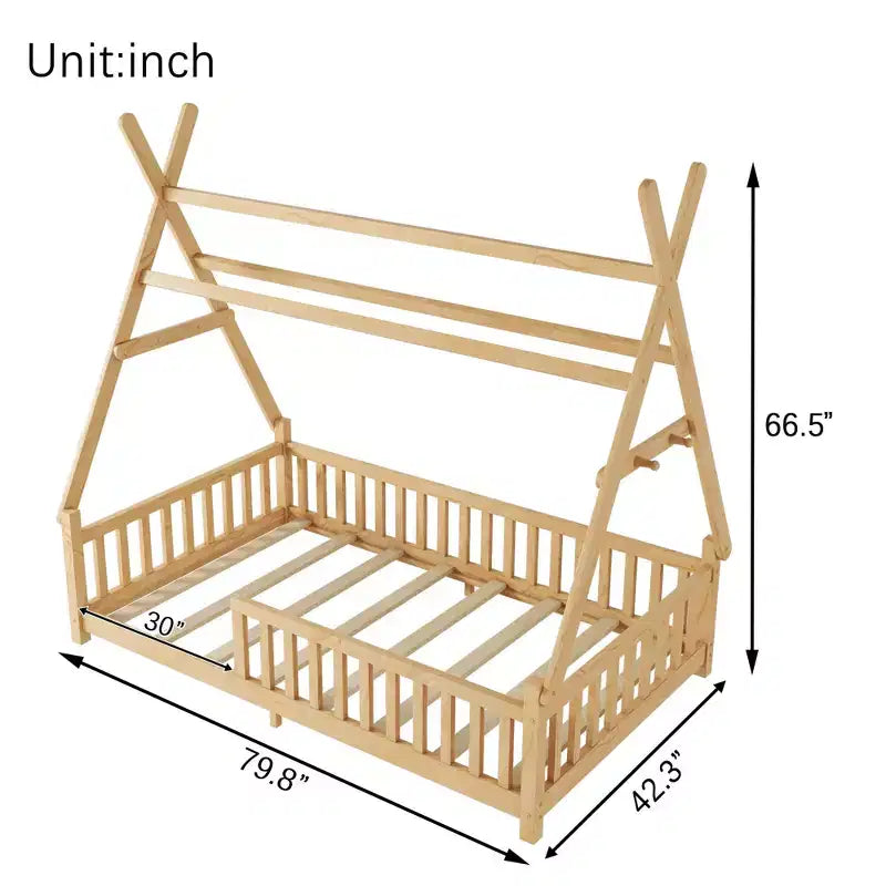 Okak Letto a capanna a pavimento, dimensioni singolo/matrimoniale, con recinzione e luci decorative, letto moderno per studenti per camera da letto, camera dei bambini, sale giochi
