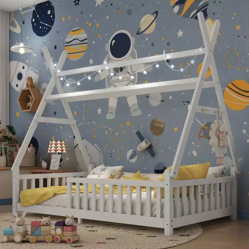 Okak Letto a capanna a pavimento, dimensioni singolo/matrimoniale, con recinzione e luci decorative, letto moderno per studenti per camera da letto, camera dei bambini, sale giochi