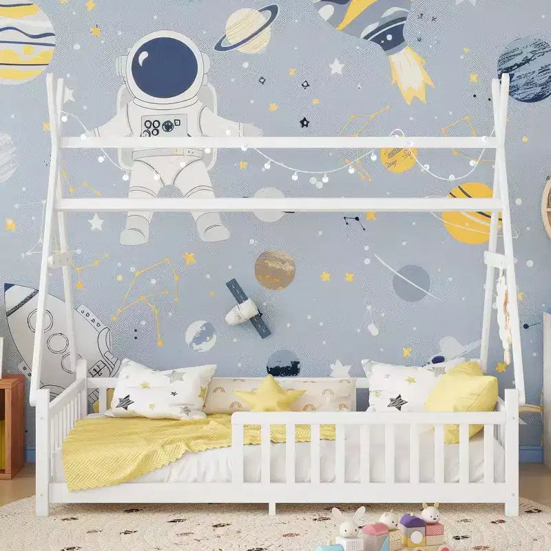 Okak Letto a capanna a pavimento, dimensioni singolo/matrimoniale, con recinzione e luci decorative, letto moderno per studenti per camera da letto, camera dei bambini, sale giochi