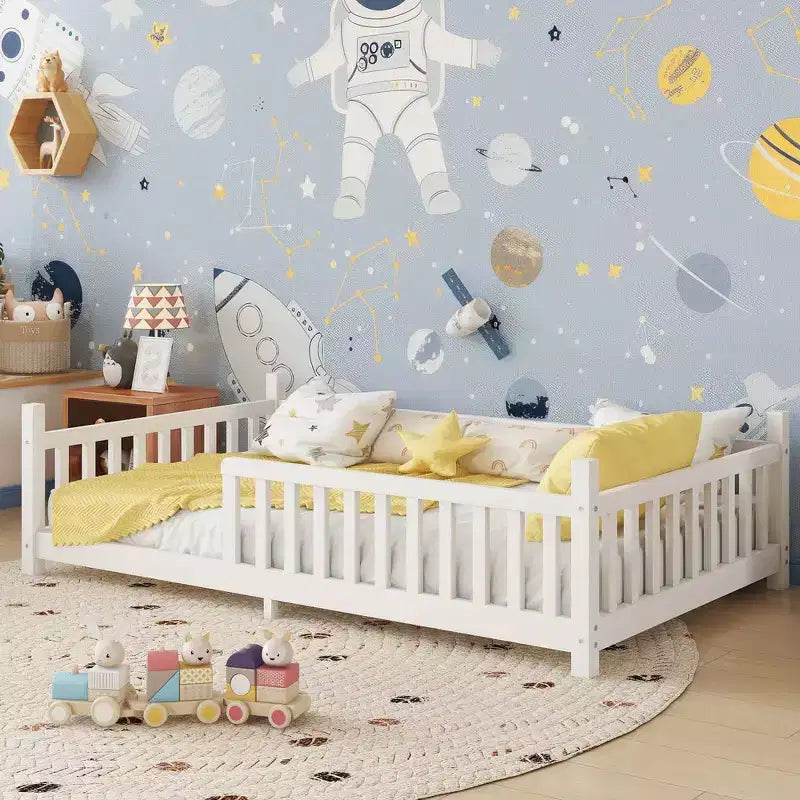 Okak Letto a capanna a pavimento, dimensioni singolo/matrimoniale, con recinzione e luci decorative, letto moderno per studenti per camera da letto, camera dei bambini, sale giochi