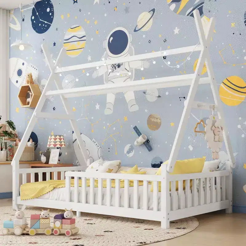 Okak Letto a capanna a pavimento, dimensioni singolo/matrimoniale, con recinzione e luci decorative, letto moderno per studenti per camera da letto, camera dei bambini, sale giochi