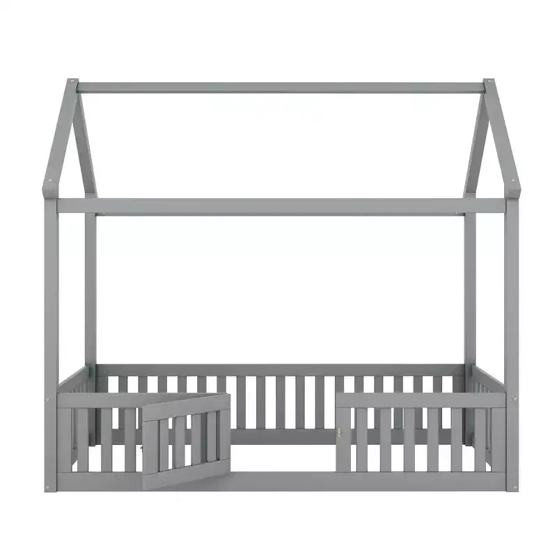 Letto a casetta a pavimento per bambini, letto Montessori in legno con recinzione e porta, letto a casetta completo con tetto per bambine e bambini