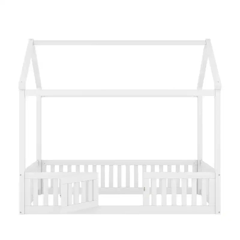 Letto a casetta a pavimento per bambini, letto Montessori in legno con recinzione e porta, letto a casetta completo con tetto per bambine e bambini