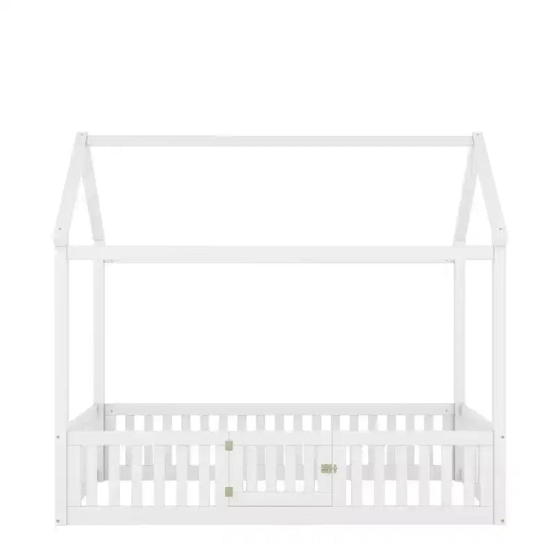 Letto a casetta a pavimento per bambini, letto Montessori in legno con recinzione e porta, letto a casetta completo con tetto per bambine e bambini