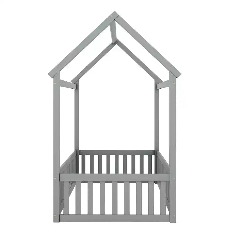 Letto a casetta a pavimento per bambini, letto Montessori in legno con recinzione e porta, letto a casetta completo con tetto per bambine e bambini