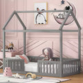 Floor House Bed for Kids, Wood Montessori Bed with Fence & Door, Full House Bed with Roof for Girls & Boys