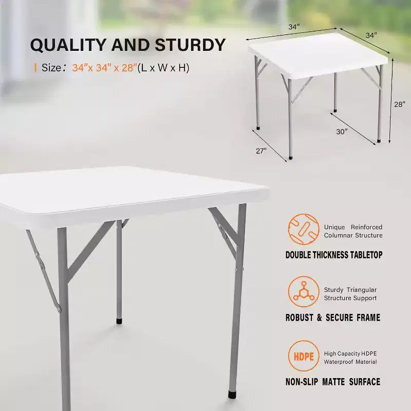 VINGLI Tavolo Quadrato con Piano Bianco, 34 pollici, Gambe Pieghevoli, Piano Tavolo Completo, Facile da Montare e Riporre, Pieghevole Portatile per Interni ed Esterni