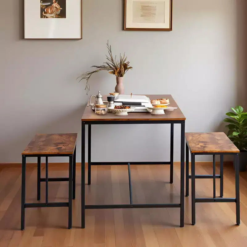 FurnitureR Set Tavolo da Pranzo 3 Pezzi con 2 Panche, Set Salvaspazio per Cucina e Sala da Pranzo per Casa o Ristorante, Struttura in Metallo e Piano in MDF, Marrone