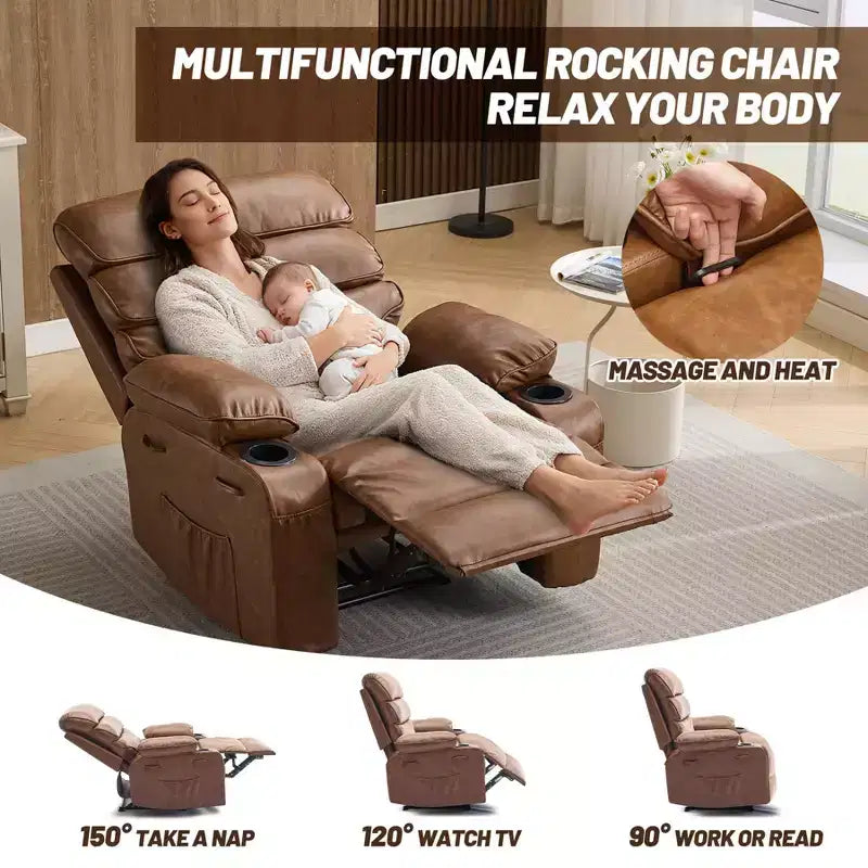 Poltrona reclinabile manuale in pelle PU extra larga per adulti con massaggio e riscaldamento, grande poltrona relax con braccioli e schienale imbottiti 1,5 volte più spessi per il soggiorno