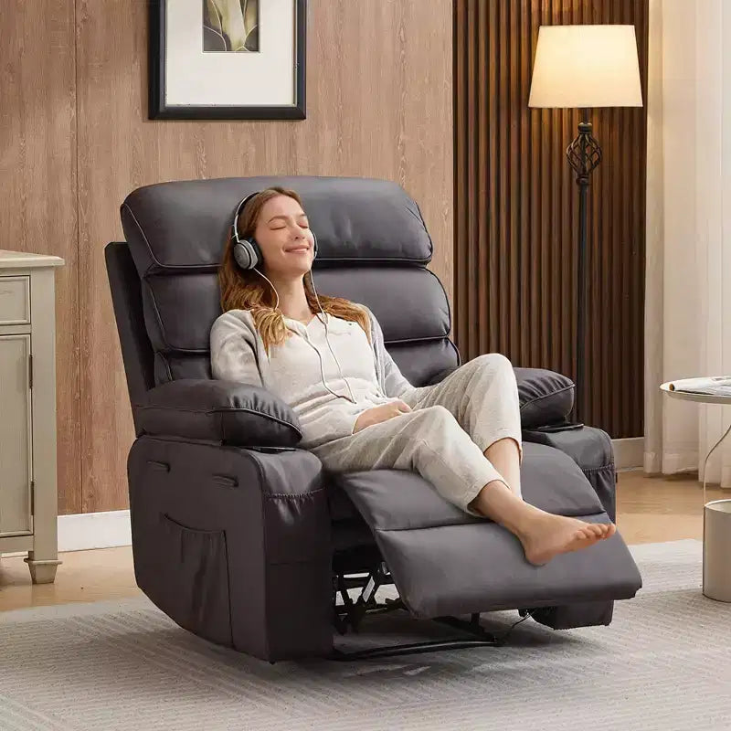 Poltrona reclinabile manuale in pelle PU extra larga per adulti con massaggio e riscaldamento, grande poltrona relax con braccioli e schienale imbottiti 1,5 volte più spessi per il soggiorno