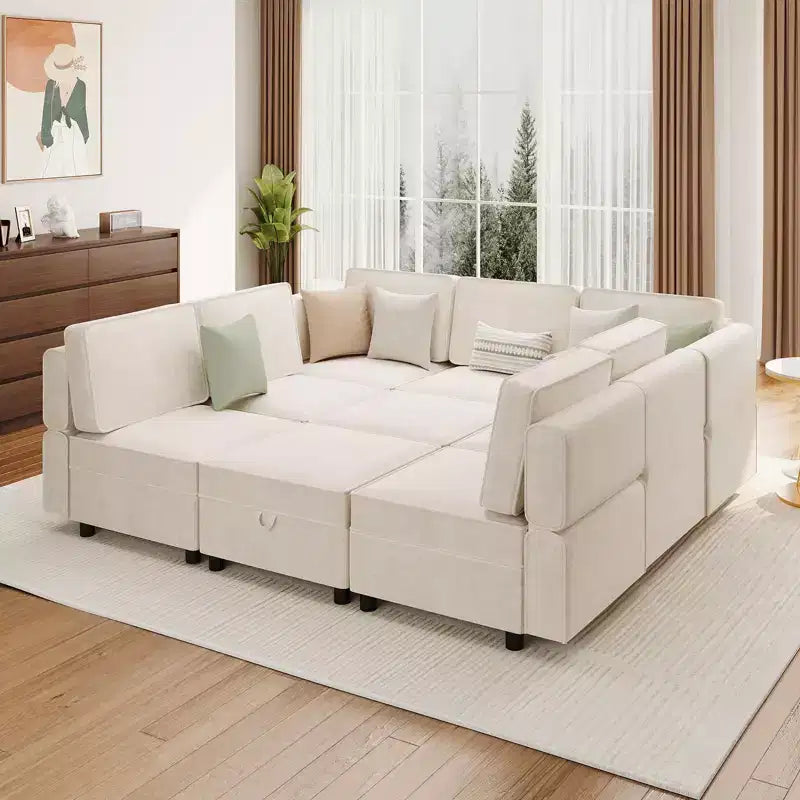 Divano componibile modulare a 9 posti, divano sezionale a L con pouf portaoggetti rimovibile, divano letto convertibile adatto per soggiorno