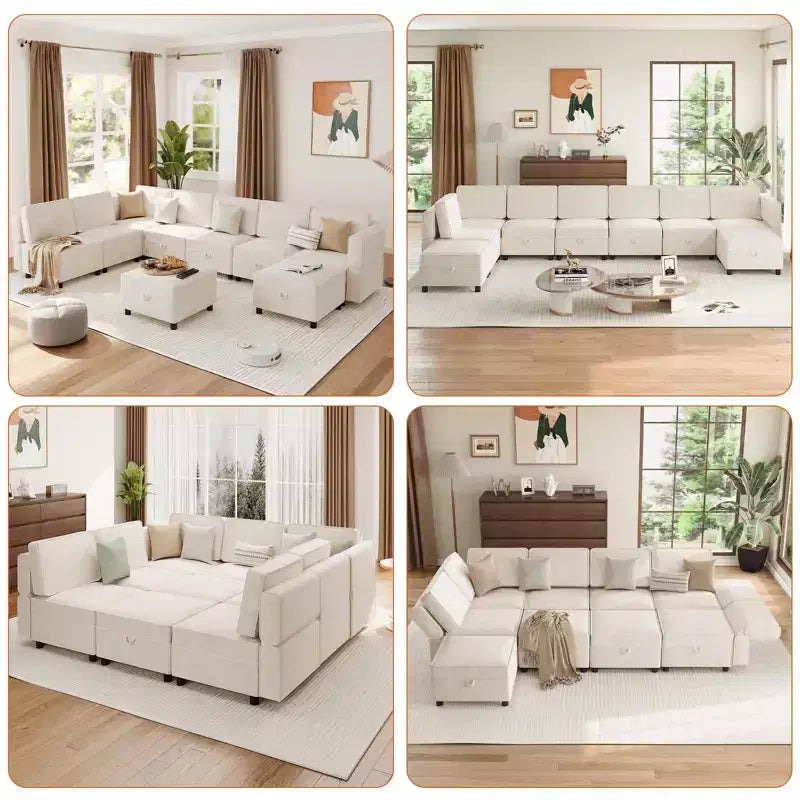 Divano componibile modulare a 9 posti, divano sezionale a L con pouf portaoggetti rimovibile, divano letto convertibile adatto per soggiorno