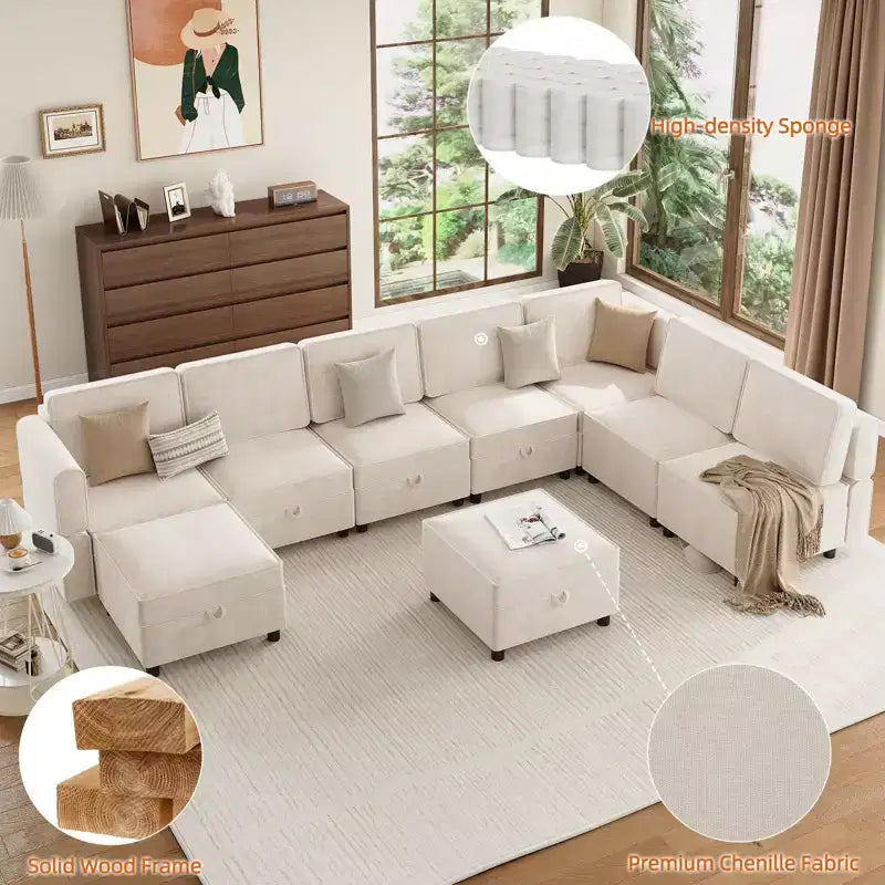 Divano componibile modulare a 9 posti, divano sezionale a L con pouf portaoggetti rimovibile, divano letto convertibile adatto per soggiorno