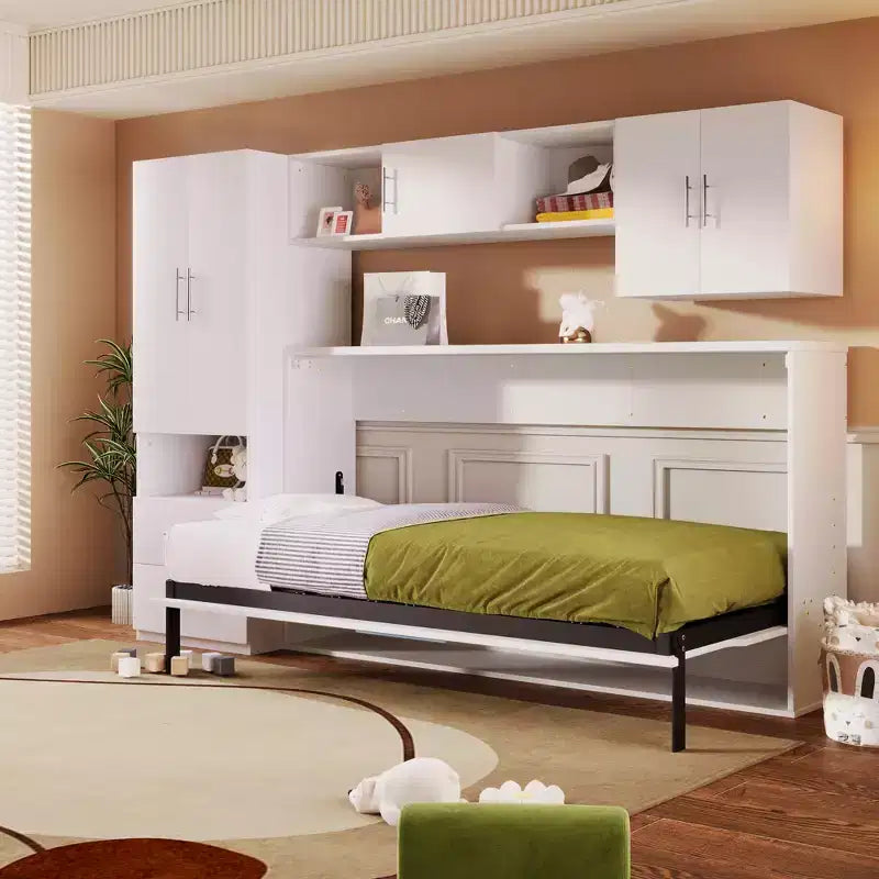 Letto a Scomparsa Singolo con Mensole e Armadio, Letto a Parete Pieghevole con Tavolo per Camera da Letto o Camera degli Ospiti, Bianco