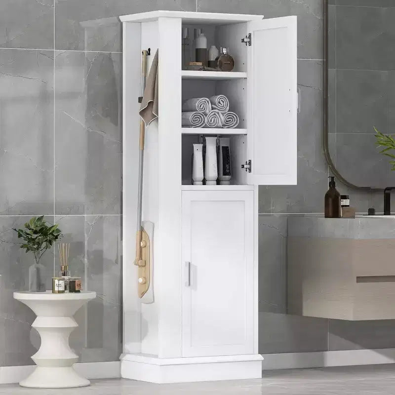 Mobiletto alto da bagno indipendente con gancio e ripiano regolabile in MDF, colore bianco