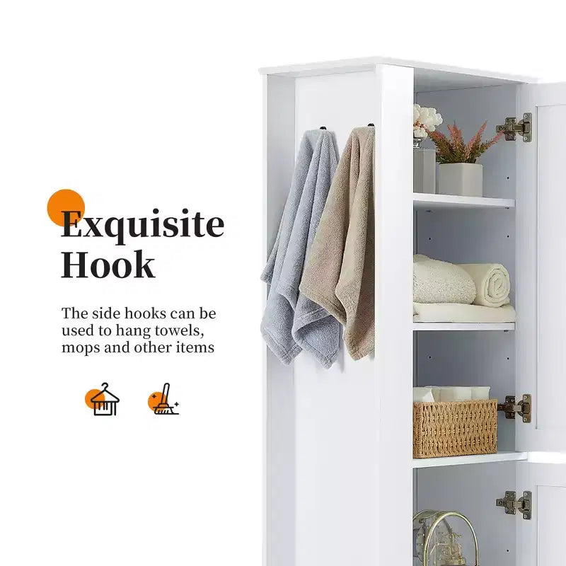 Mobiletto alto da bagno indipendente con gancio e ripiano regolabile in MDF, colore bianco