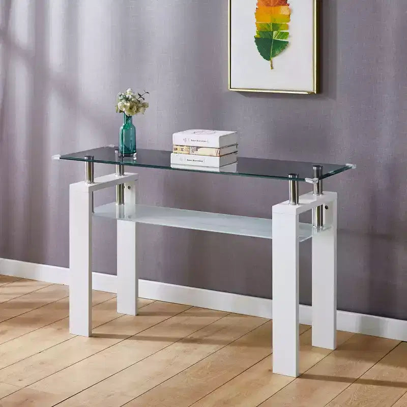 Tavolino Consolle Moderno Okak con Top in Vetro Temperato, Tavolo da Ingresso con Scaffale Contenitore, Tavolino d'Appoggio per Soggiorno, Corridoio, Ingresso, Bianco
