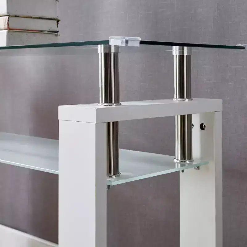 Tavolino Consolle Moderno Okak con Top in Vetro Temperato, Tavolo da Ingresso con Scaffale Contenitore, Tavolino d'Appoggio per Soggiorno, Corridoio, Ingresso, Bianco