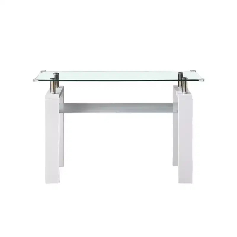Tavolino Consolle Moderno Okak con Top in Vetro Temperato, Tavolo da Ingresso con Scaffale Contenitore, Tavolino d'Appoggio per Soggiorno, Corridoio, Ingresso, Bianco