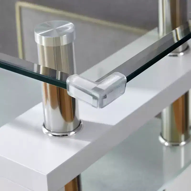 Tavolino Consolle Moderno Okak con Top in Vetro Temperato, Tavolo da Ingresso con Scaffale Contenitore, Tavolino d'Appoggio per Soggiorno, Corridoio, Ingresso, Bianco