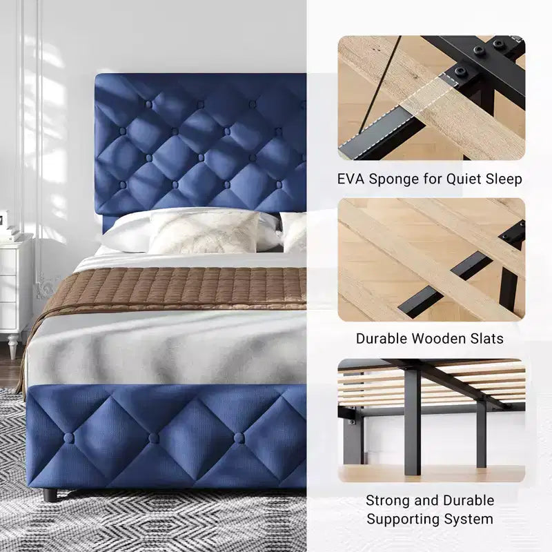 Letto a piattaforma imbottito matrimoniale con 4 cassetti contenitore, testiera regolabile, giroletto contenitore in pelle PU
