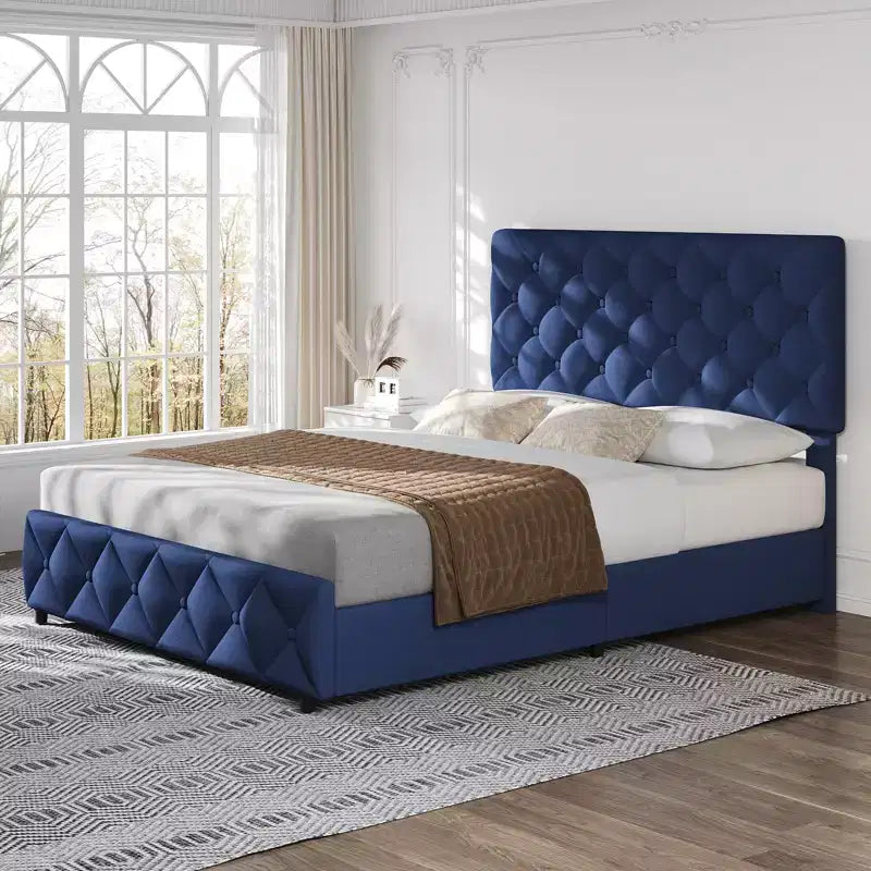 Letto a piattaforma imbottito matrimoniale con 4 cassetti contenitore, testiera regolabile, giroletto contenitore in pelle PU