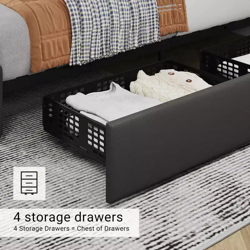 Letto a piattaforma imbottito matrimoniale con 4 cassetti contenitore, testiera regolabile, giroletto contenitore in pelle PU