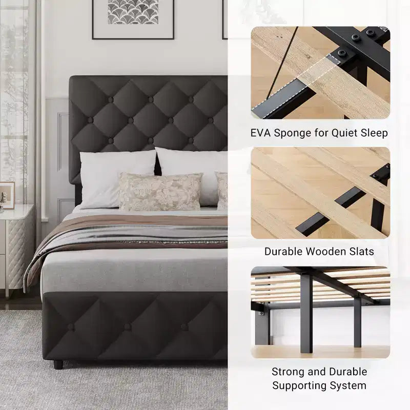 Letto a piattaforma imbottito matrimoniale con 4 cassetti contenitore, testiera regolabile, giroletto contenitore in pelle PU