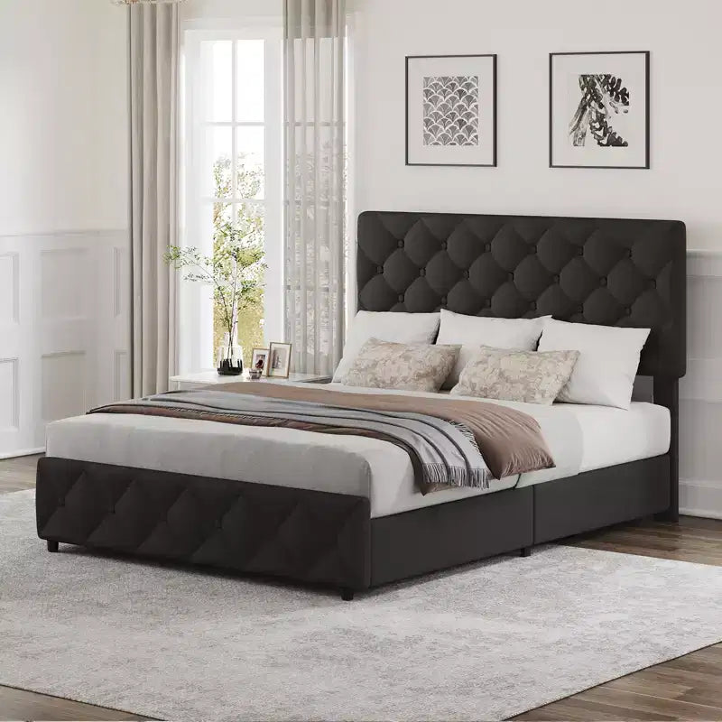Letto a piattaforma imbottito matrimoniale con 4 cassetti contenitore, testiera regolabile, giroletto contenitore in pelle PU