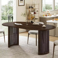 PexFix 67 Oval Dining Table for 4-6 with Arc-Shaped Edge Top and Rattan Woven Base Modern Farmhouse Kitchen Table for Living Room Dining Room Walnut