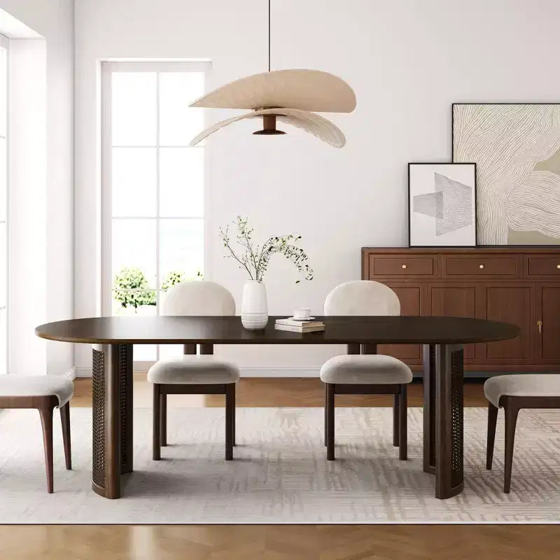PexFix 67 Tavolo da pranzo ovale per 4-6 persone con piano a bordo arcuato e base in rattan intrecciato, tavolo da cucina moderno in stile rustico per soggiorno sala da pranzo, noce