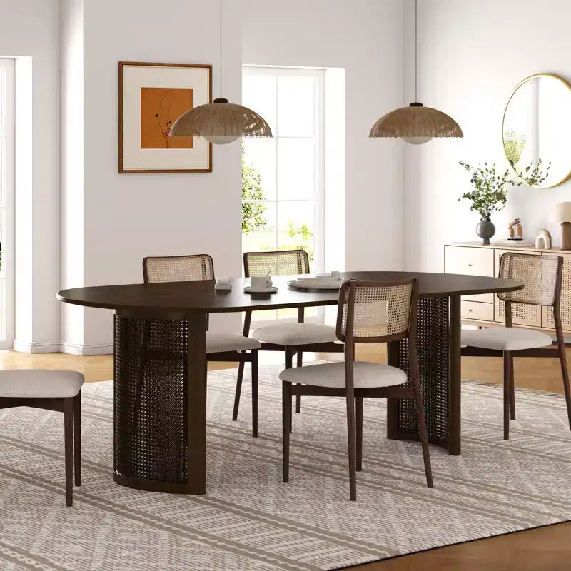 PexFix 67 Tavolo da pranzo ovale per 4-6 persone con piano a bordo arcuato e base in rattan intrecciato, tavolo da cucina moderno in stile rustico per soggiorno sala da pranzo, noce