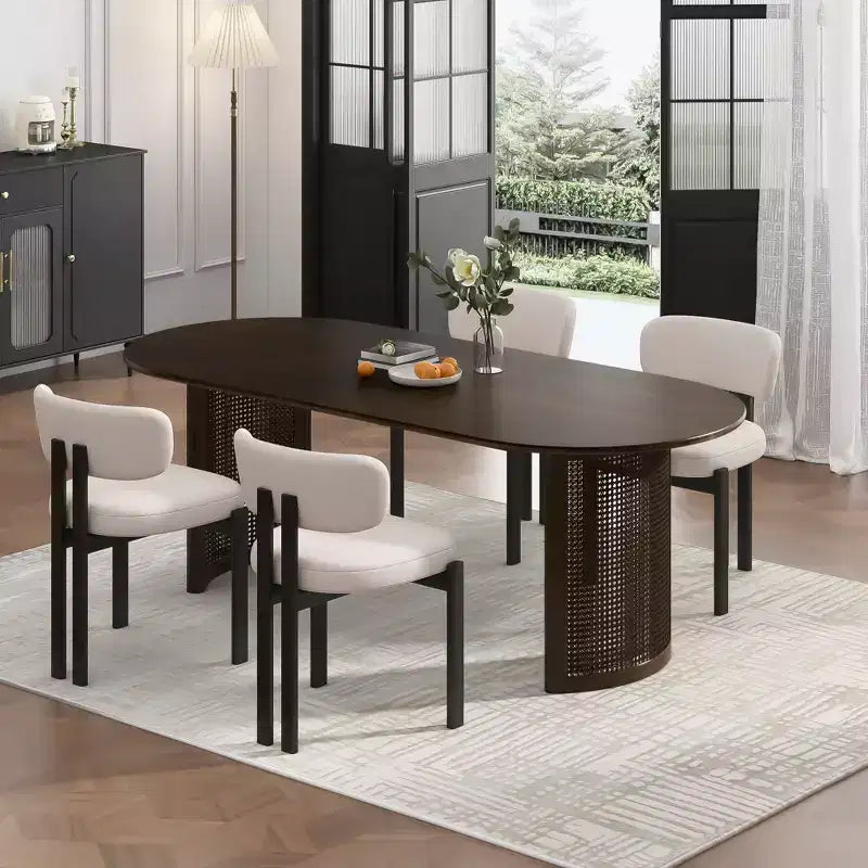 PexFix 67 Tavolo da pranzo ovale per 4-6 persone con piano a bordo arcuato e base in rattan intrecciato, tavolo da cucina moderno in stile rustico per soggiorno sala da pranzo, noce