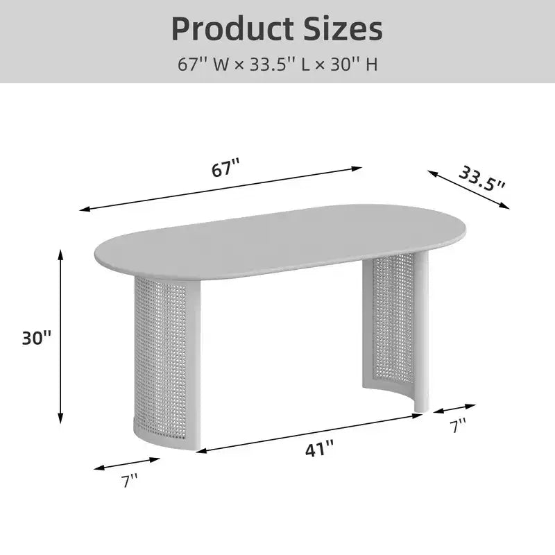 PexFix 67 Tavolo da pranzo ovale per 4-6 persone con piano a bordo arcuato e base in rattan intrecciato, tavolo da cucina moderno in stile rustico per soggiorno sala da pranzo, noce