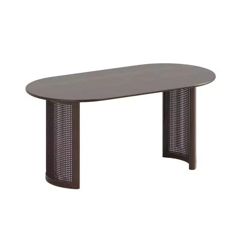 PexFix 67 Tavolo da pranzo ovale per 4-6 persone con piano a bordo arcuato e base in rattan intrecciato, tavolo da cucina moderno in stile rustico per soggiorno sala da pranzo, noce