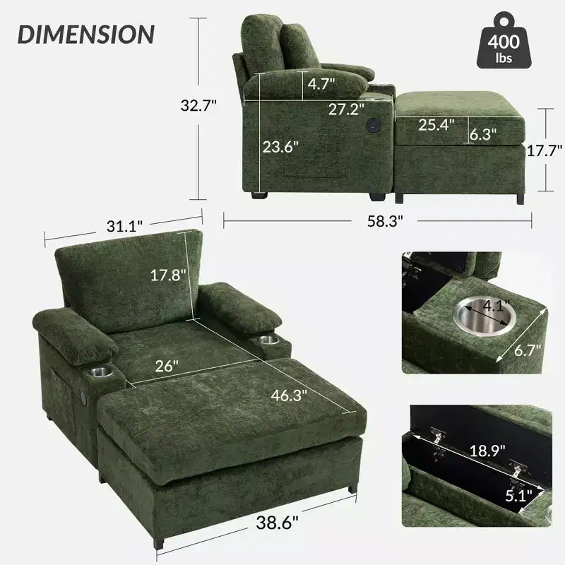 MAYEERTY Divano Oversize in ciniglia con pouf poggiapiedi con portabicchieri e supporto lombare per alleviare il mal di schiena per soggiorno ufficio, verde