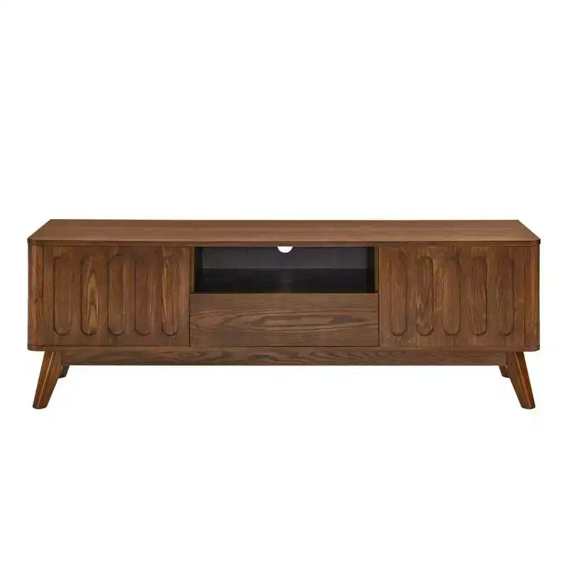 Mobile TV scanalato per TV da 50-65 pollici, mobile multimediale per l'intrattenimento moderno di metà secolo con 2 ante, cassetto e gambe in legno massiccio