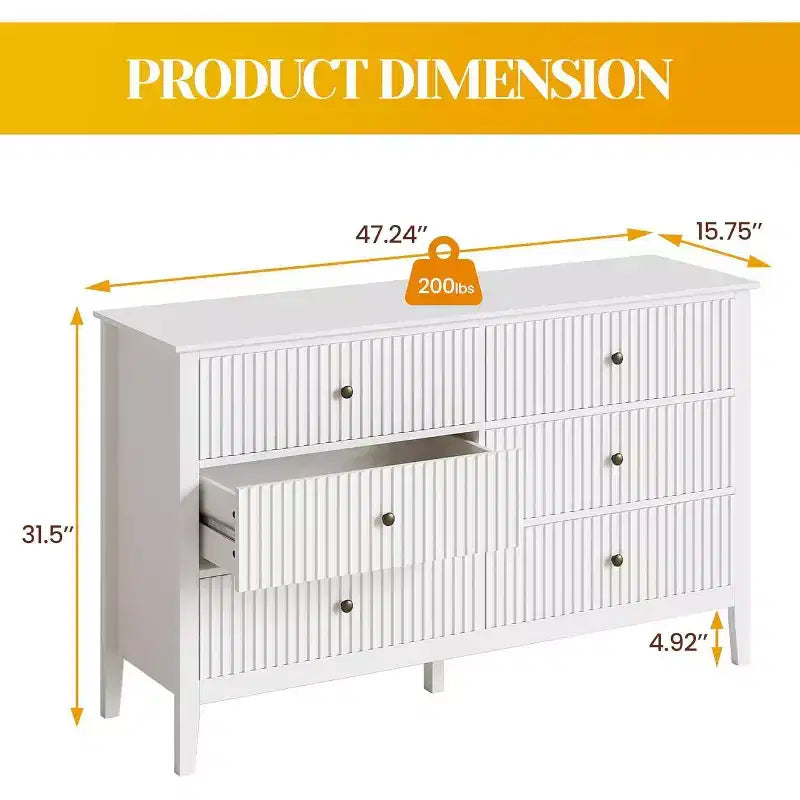 Cassettiera Heynemo Fluted a 6 cassetti, cassettiere moderne per armadio, comò doppio con cassetti a chiusura ammortizzata, mobile contenitore in legno, bianco