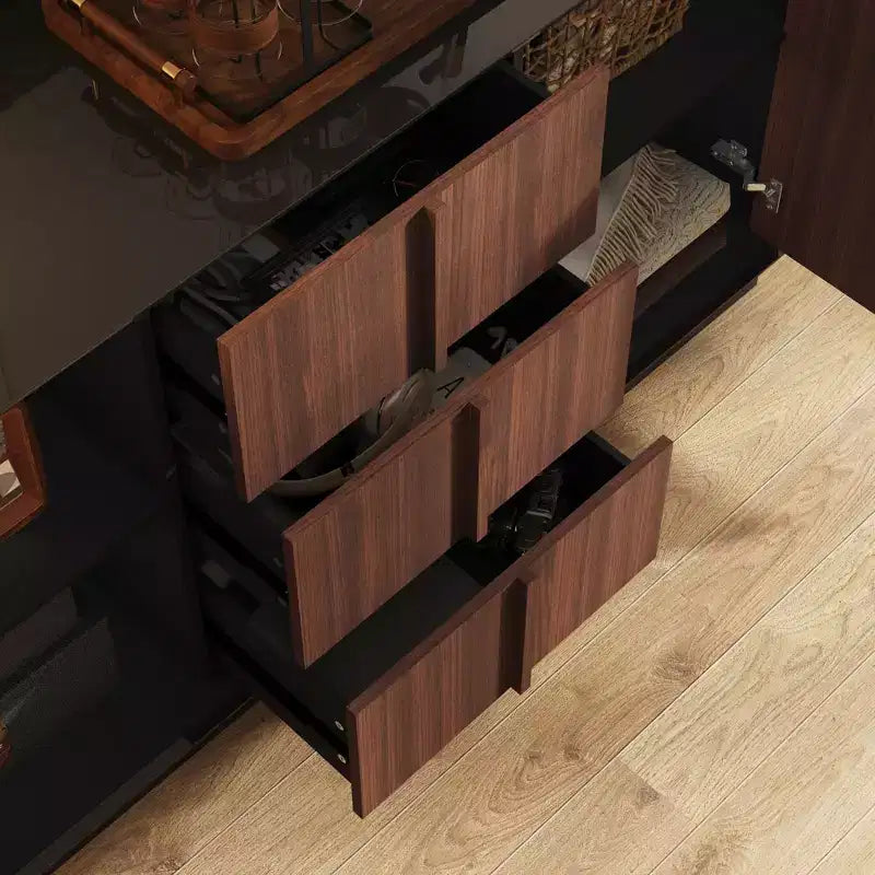Credenza buffet da cucina multifunzionale Famapy con prese scorrevoli, finitura lucida nera e legno